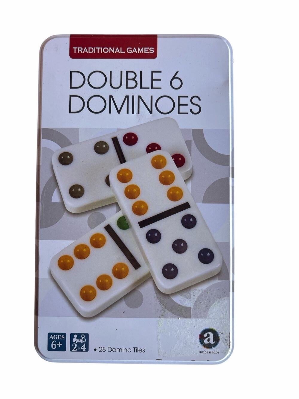 Ambassador Traditional Games Double 6 Dominoes Set 28 Tiles Tin Box Open Box